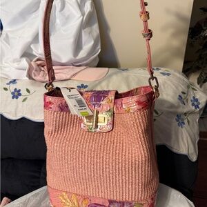 Pink Woven Shoulder Bag with Floral Accents